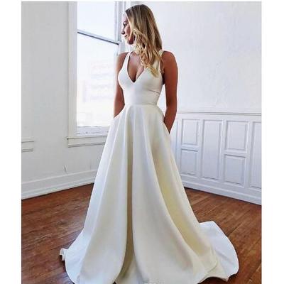 Pure white satin a line wedding dresses backless with bow bridal gowns deep v neck sleeveless summer cheap dress - Thumbnail 5