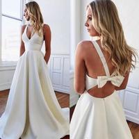 Pure White Satin A Line Wedding Dresses Backless With Bow Bridal Gowns Deep V Neck Sleeveless Summer Cheap Dress - Thumbnail 1