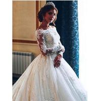 Vintage Arabic Full Lace Wedding Dresses Off Shoulders Sheer Long Sleeves Ball Gown Tulle Bridal Gowns with Button Covered - Thumbnail 1