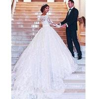 Vintage Arabic Full Lace Wedding Dresses Off Shoulders Sheer Long Sleeves Ball Gown Tulle Bridal Gowns with Button Covered - Thumbnail 3