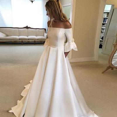 Off shoulder white ivory wedding dress a-line american bridal gowns 2020 new arrival chapel train simple satin brazilian vestido de novia - Thumbnail 5