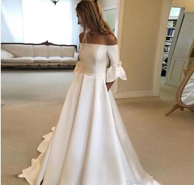Off Shoulder White Ivory Wedding Dress A-line American Bridal Gowns 2020 New Arrival Chapel Train Simple Satin Brazilian Vestido De Novia