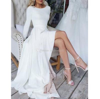 Modern Hi-Lo Bridal Wedding Dresses With Long Sleeves Short Front Long Back Jewel Neck Backless Wedding Gowns For Bride
