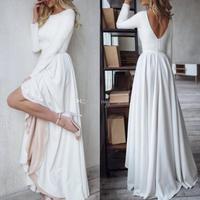 Modern Hi-Lo Bridal Wedding Dresses With Long Sleeves Short Front Long Back Jewel Neck Backless Wedding Gowns For Bride - Thumbnail 1