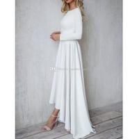 Modern Hi-Lo Bridal Wedding Dresses With Long Sleeves Short Front Long Back Jewel Neck Backless Wedding Gowns For Bride - Thumbnail 2