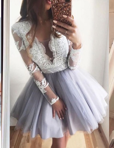 Deep V Neck Dusty Blue Tulle Homecoming Dresses with Appliques