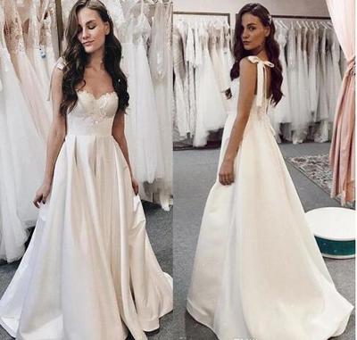 Delicate Beading Wedding Dress Bow Knot Spaghetti Straps Bridal Gowns Sweep Train Lace Up Back Vestido De Novia