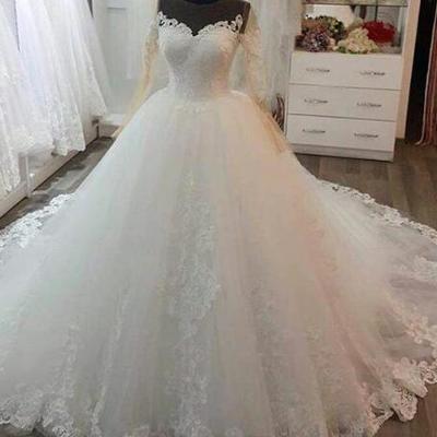 Ball gown wedding dresses sheer neck lace applique bridal gowns with long sleeve sweep train luxury wedding gowns - Thumbnail 4