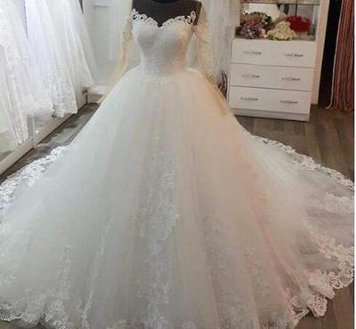 Ball Gown Wedding Dresses Sheer Neck Lace Applique Bridal Gowns With Long Sleeve Sweep Train Luxury Wedding Gowns