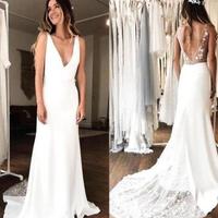 V Neck Chiffon Bohemia Beach Wedding Dress 2020 Lace Applique Backless Ruched Sweep Train Country Wedding Bridal Gowns  - Thumbnail 1