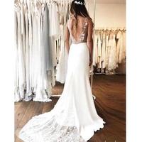 V Neck Chiffon Bohemia Beach Wedding Dress 2020 Lace Applique Backless Ruched Sweep Train Country Wedding Bridal Gowns  - Thumbnail 2