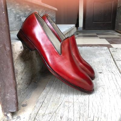 Handmade men's burgundy leather slip owns moccasin shoes - Thumbnail 3