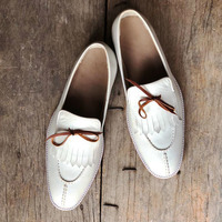 Handmade Men's White leather Split Toe Fringe Slip On Loafers shoes - Thumbnail 1
