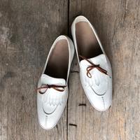Handmade Men's White leather Split Toe Fringe Slip On Loafers shoes - Thumbnail 2