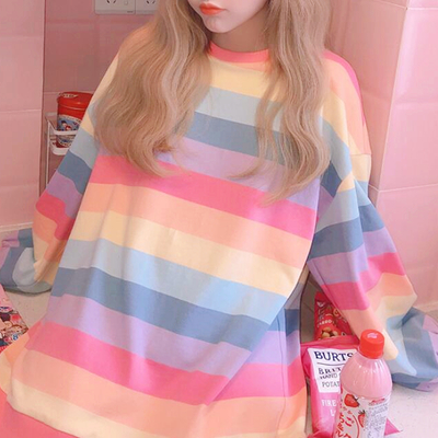 Pastel rainbow stripe long sleeve oversize sweatshirt