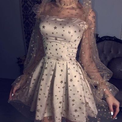 Champagne bubble sleeves homecoming dresses,see through long sleeves homecoming dresses,a-line homecoming dresses,108 - Thumbnail 5