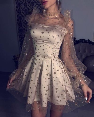 Champagne Bubble Sleeves Homecoming Dresses,See Through Long Sleeves Homecoming Dresses,A-line Homecoming Dresses,108