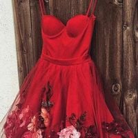 Burgundy satin tulle short prom dress, homecoming dress with flower applique,110 - Thumbnail 1