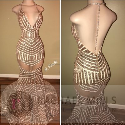Sexy Mermaid Long Halter Champagne Sequins Long Prom Dress Evening Dress,112
