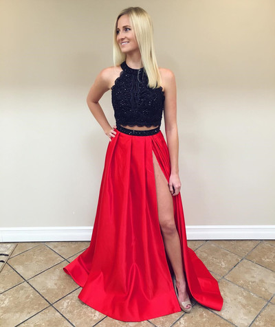 Gorgeous Two Piece Black and Red Long Prom Dress with Slit,113