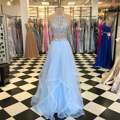 Sparkly Two Piece Sequins Sky Blue Long Prom Dress,116