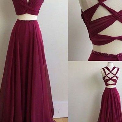 Two piece long prom dress, 2017 burgundy long prom dress, formal evening dress,118