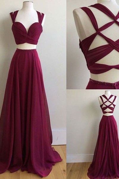 Two Piece Long Prom Dress, 2017 Burgundy Long Prom Dress, Formal Evening Dress,118