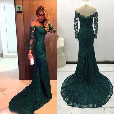 Gorgeous Dark Green Mermaid Long Sleeves Prom Dress with Train,119