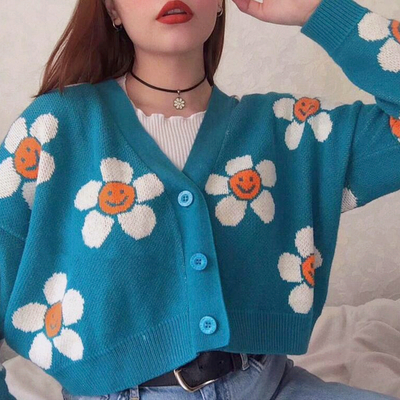 Smiley sun flower blue knit sweater cardigan