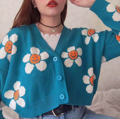 Smiley Sun Flower Blue Knit Sweater Cardigan