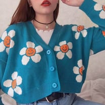 Smiley Sun Flower Blue Knit Sweater Cardigan