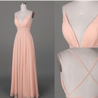 Simple A-line V-neck Long Prom Dress with Criss Cross Back,123 - Thumbnail 1