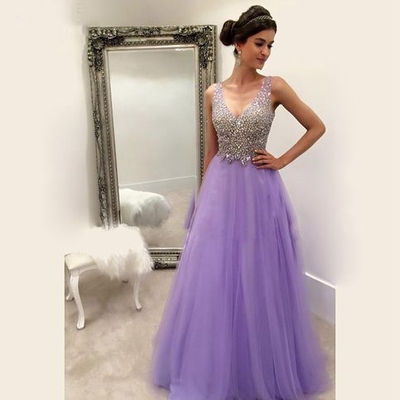 Custom made light purple beading long prom dress,formal dresses,125