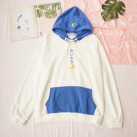 Moon Embroidery Color Block Hoodie Sweatshirt - Thumbnail 2
