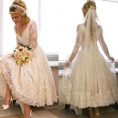 Tea length long sleeves wedding dresses bridal gowns - Thumbnail 4