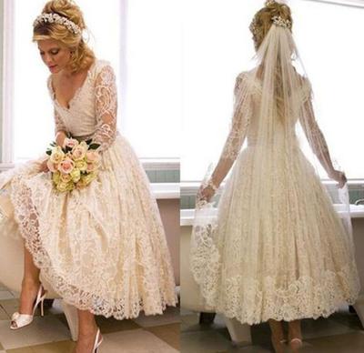 Tea Length Long Sleeves Wedding Dresses Bridal Gowns