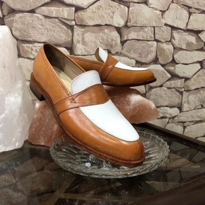 Handmade men's brown white leather split toe slip on loafers shoes - Thumbnail 5