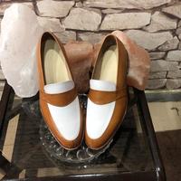 Handmade Men's Brown White leather Split Toe Slip On Loafers shoes - Thumbnail 1