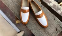 Handmade Men's Brown White leather Split Toe Slip On Loafers shoes - Thumbnail 2
