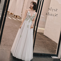 White v neck tulle applique long prom dress, evening dress - Thumbnail 2