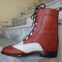 Handmade Men's Brown White Ankle High Boot, Men's Leather Wing Tip Brogue Stylish Lace Up Boot - Thumbnail 2