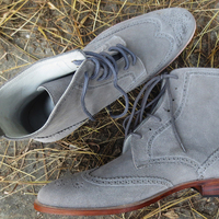 Handmade Men's Gray Color Ankle High Boot, Men's Suede Wing Tip Brogue Lace Up Boot - Thumbnail 2