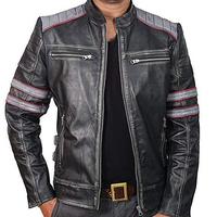 Racer Retro Classic Black gray Distressed Leather Jackets - Thumbnail 1