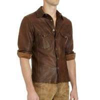 Men's Leather Shirt Genuine Lambskin Vintage Jacket Biker - Thumbnail 1