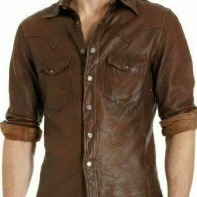 Men's leather shirt genuine lambskin vintage jacket biker - Thumbnail 3