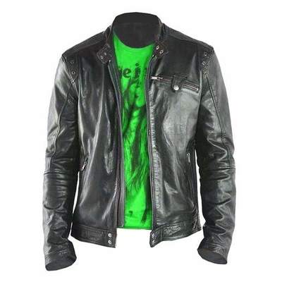 Men's black leather biker jacket - Thumbnail 4