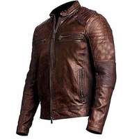 Mens Retro Cafe Racer Vintage Distressed Motorcycle Brown Leather Biker Jacket - Thumbnail 1