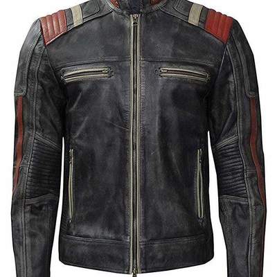 Mens retro cafe racer vintage distressed motorcycle black leather biker jacket - Thumbnail 3