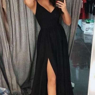Fashion simple black prom dress v neck long formal dress 2019 - Thumbnail 4