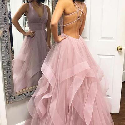 Sexy pink ruffled backless prom dress,criss back formal evening dress - Thumbnail 5